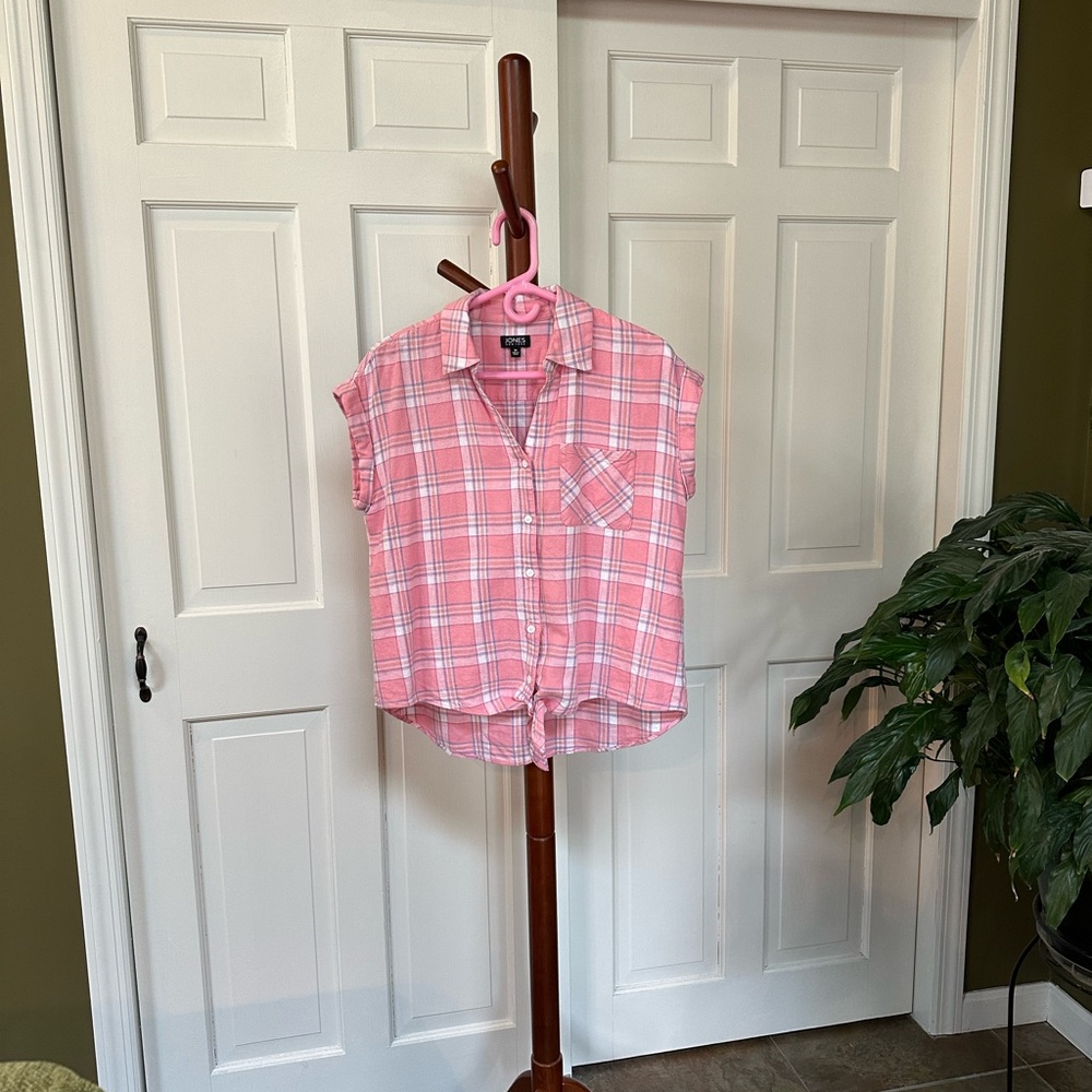 Jones New York Linen Blend Pink Plaid Button-Up Shirt